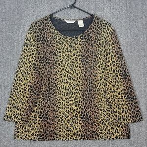 Laura Ashley Top Womens Large Brown Black Animal Print 3/4 Sleeve Sparkle Blouse